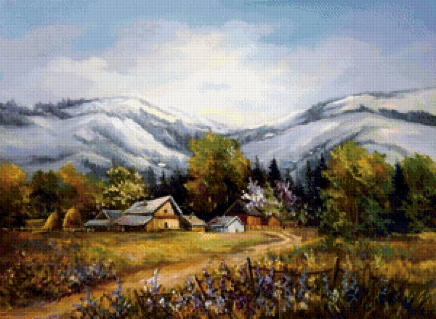 домик в горах - природа, пейзаж, живопись, горы, домик - предпросмотр