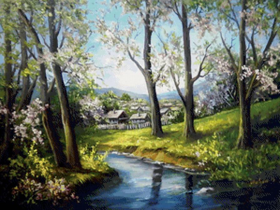 река весной - живопись, село, весна, пейзаж, река, природа, деревня - предпросмотр