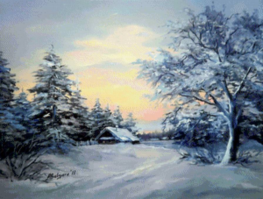 зимний пейзаж - пейзаж, снег, природа, зима, домик - предпросмотр