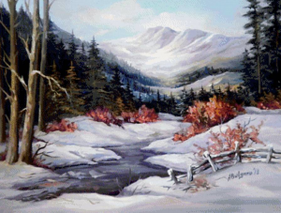 зима в горах - живопись, природа, зима, пейзаж, горы, река, лес, снег - предпросмотр