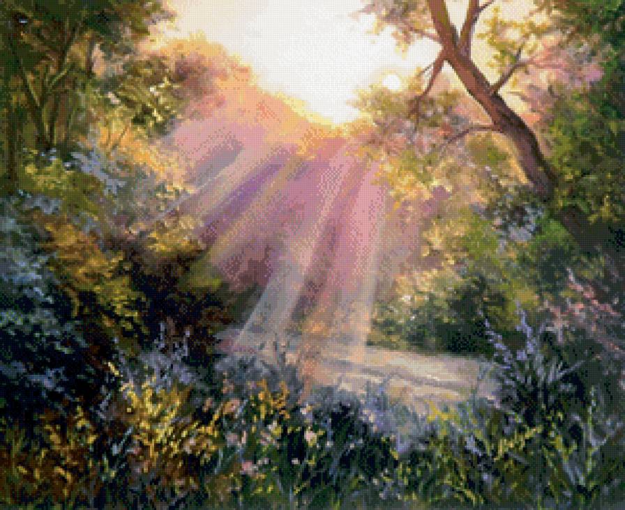 лучи заката в лесу - закат, лето, природа, живопись, лес, лучи, пейзаж - предпросмотр