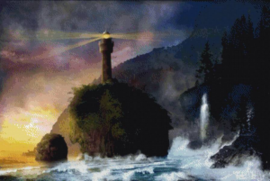 маяк - акварель, море, маяк, горы, закат - предпросмотр