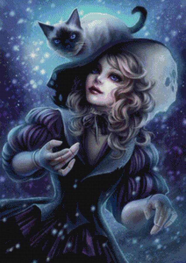 девушка с кошкой - шляпа, кошка, кот, детское, сказка, арт, девушка - предпросмотр