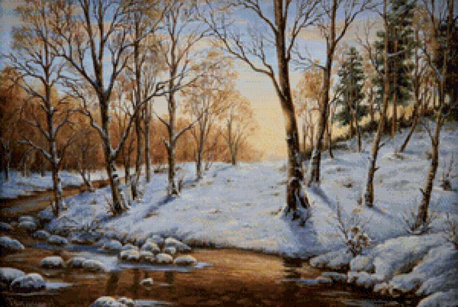 весеннее пробуждение - рассвет, ручей, ель, живопись, лес, пейзаж, природа, весна - предпросмотр