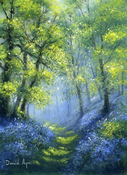 в летнем лесу - деревья, природа, пейзаж, живопись, лес, лето, цветы - оригинал