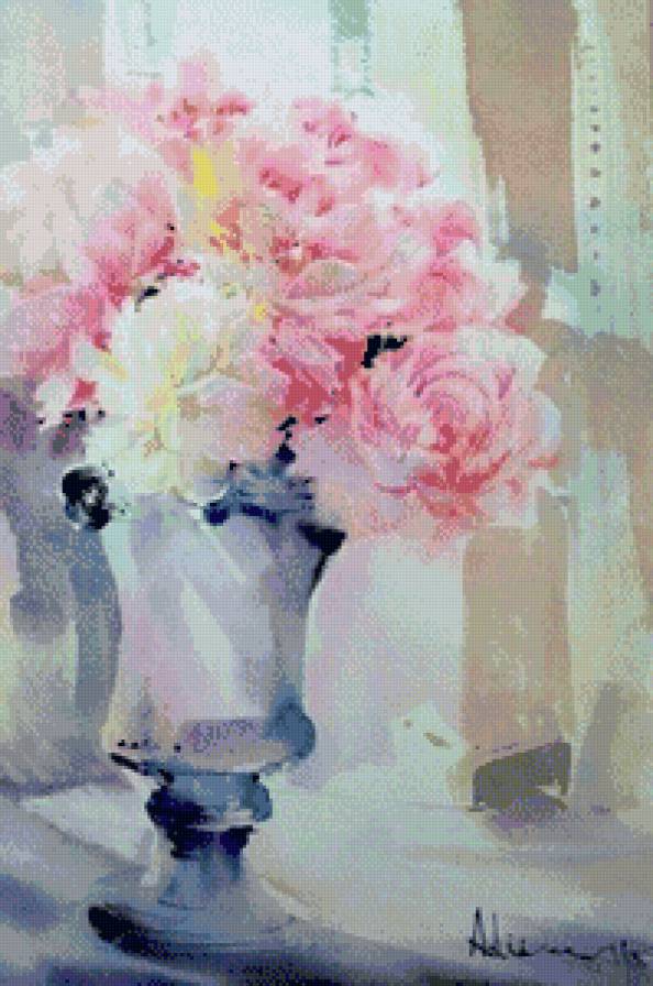 нежные пионы - пионы, букет, цветы, натюрморт, ваза, живопись - предпросмотр