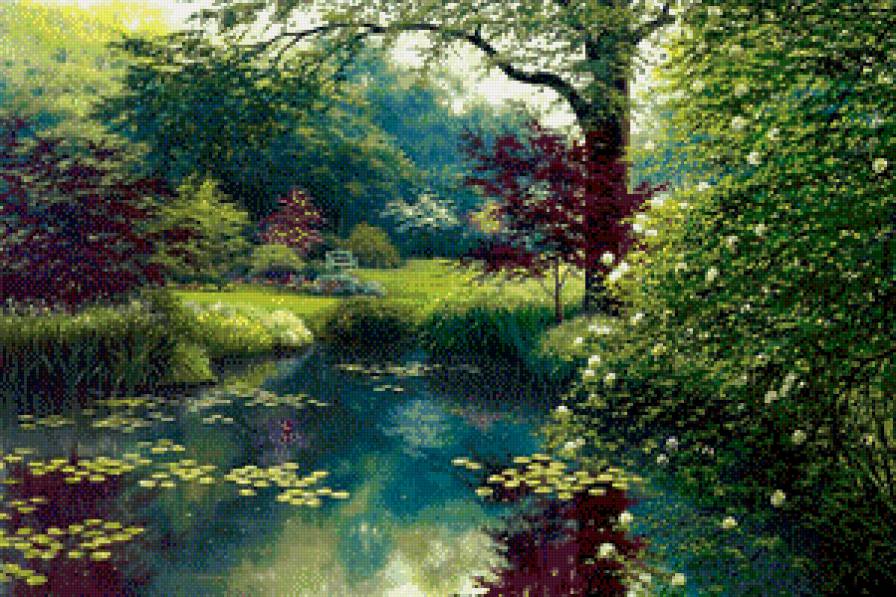 Пруд в парке - скамейка, парк, пруд - предпросмотр