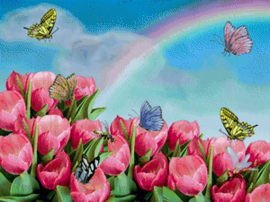 весеннее настроение - цветы, бабочки, тюльпаны - предпросмотр