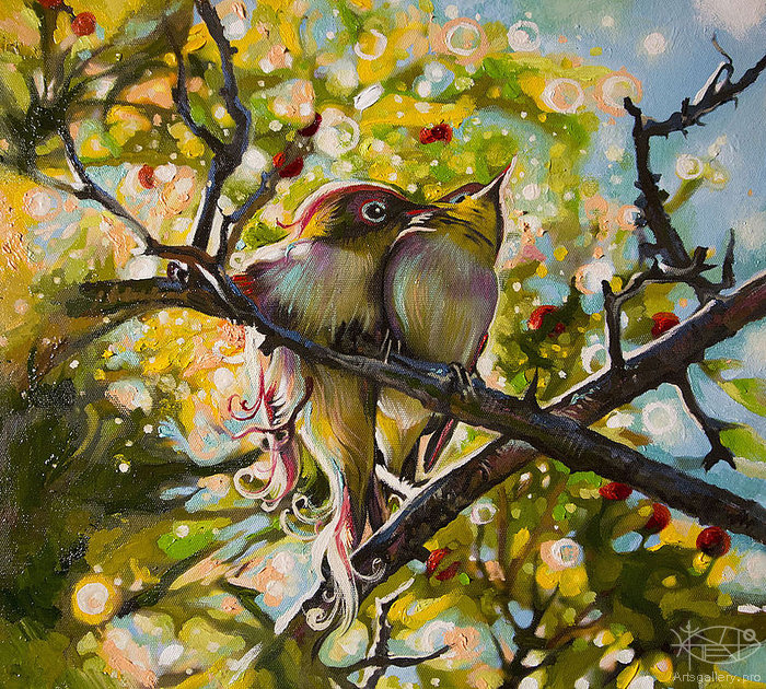 две птички на ветке - любовь, ветка, птицы, пара, цветы, сад - оригинал