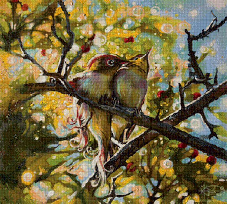 две птички на ветке - птицы, пара, любовь, цветы, ветка, сад - предпросмотр