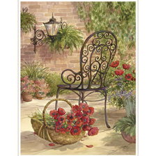 patio con silla y amapolas