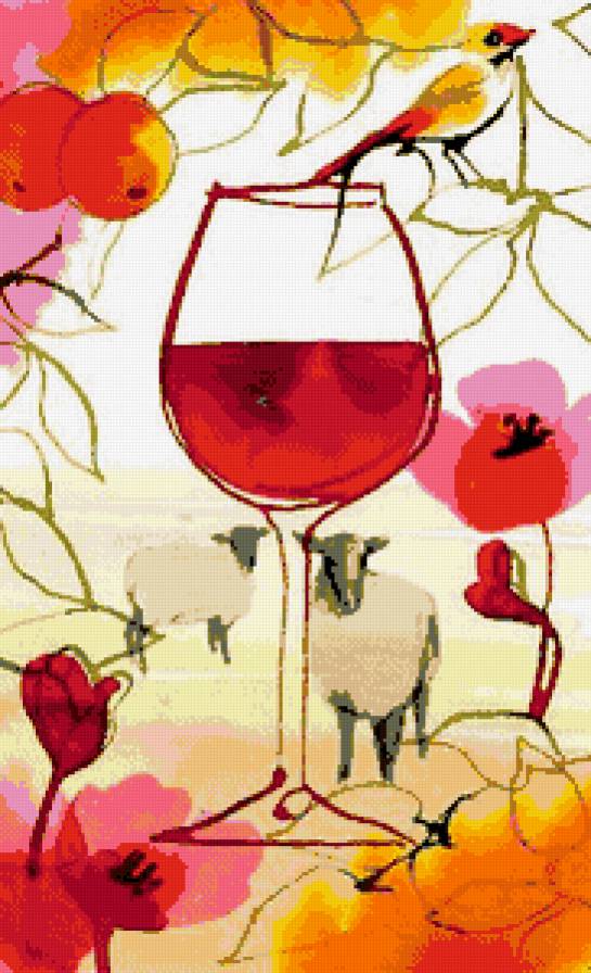 картинка для кухни - листья, птица, овечка, цветы, бокал, вино, плоды - предпросмотр