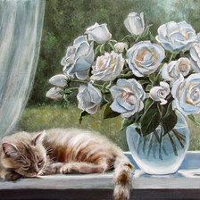 Схема вышивки «Розы и кот»