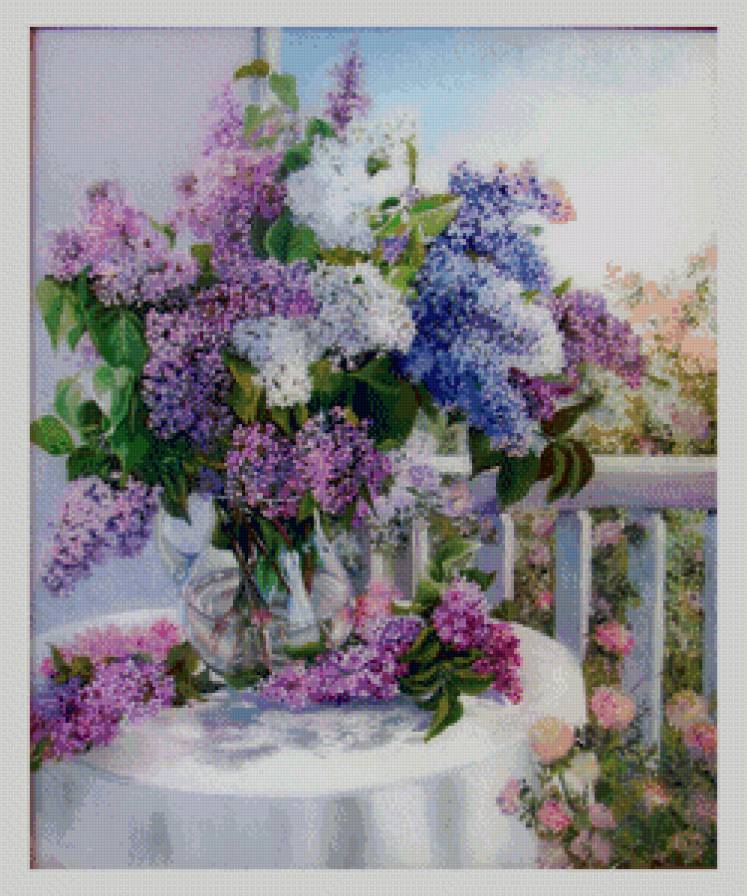 сирень на террасе - весна, букет, нежность, живопись, сирень, ваза, натюрморт - предпросмотр