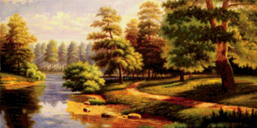 лесной пейзаж - сосны, живопись, лето, природа, пейзаж, озеро, лес - предпросмотр