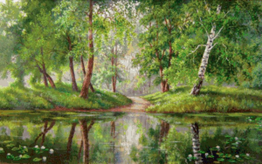 озеро в лесу - пейзаж, природа, лето, озеро, живопись, лес, березы, фото - предпросмотр