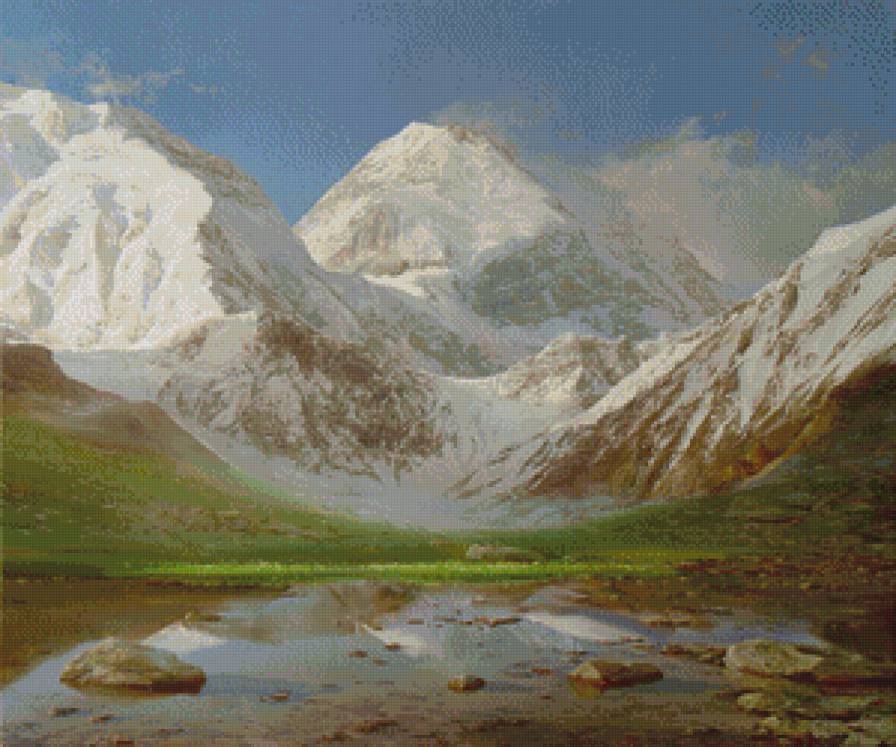 горный пейзаж - пейзаж, небо, горы, снег, природа, озеро - предпросмотр