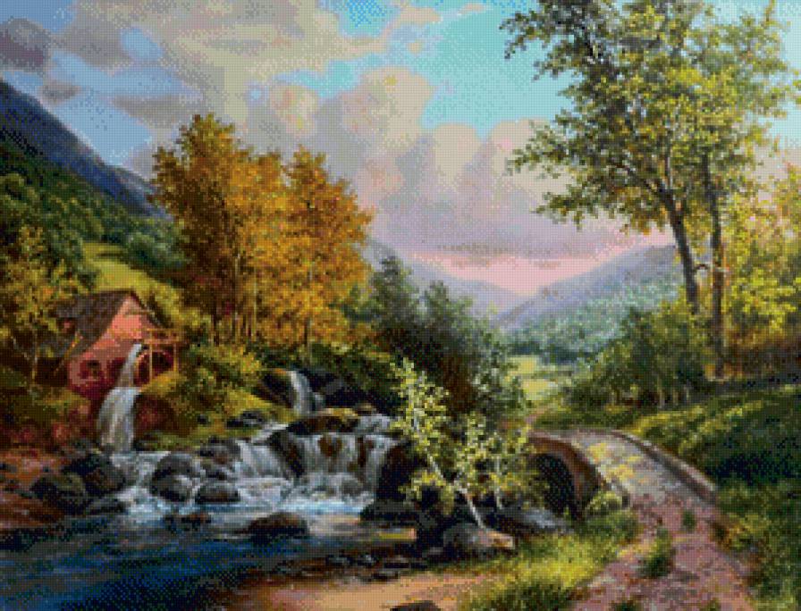 мельница - природа, рисунок, пейзаж, живопись, река, горы, мельница - предпросмотр