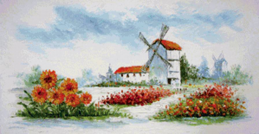 мельница в саду - мельница, графика, сад, рисунок, цветы - предпросмотр