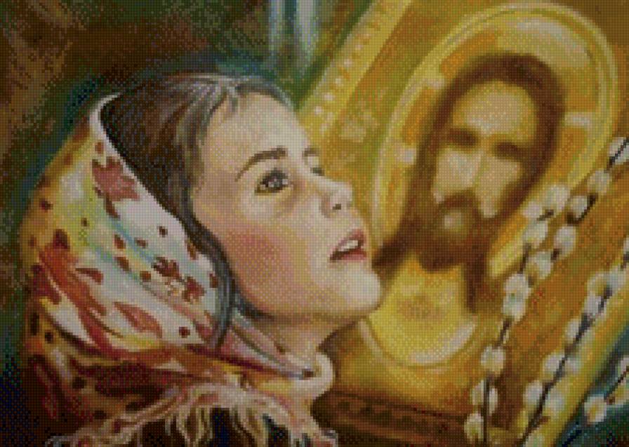 молящаяся девочка - верба, девочка, икона, платок - предпросмотр