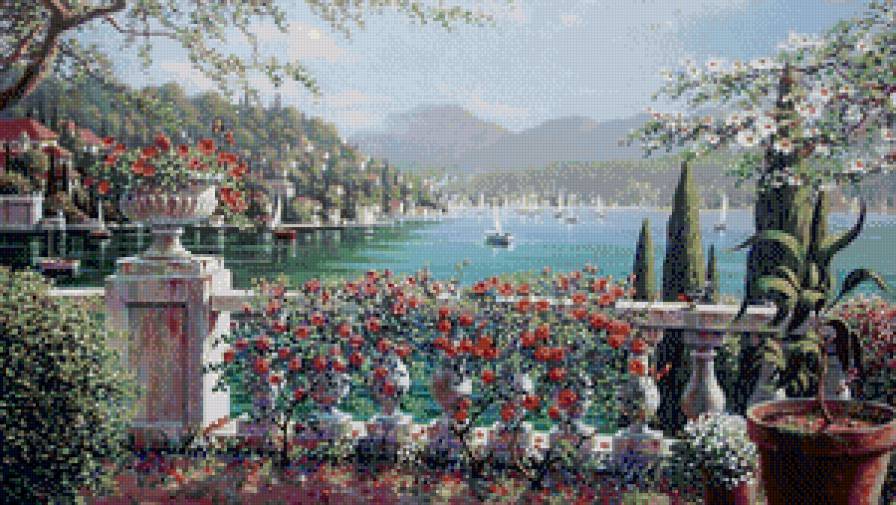 средиземноморский пейзаж - пейзаж, кипарис, море, горы, город, италия - предпросмотр