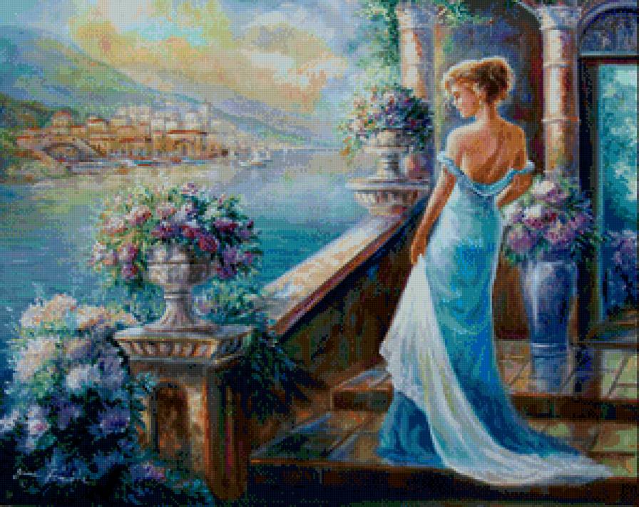 девушка на террасе - пейзаж, терраса, горы, море, женщина, цветы, девушка, город - предпросмотр