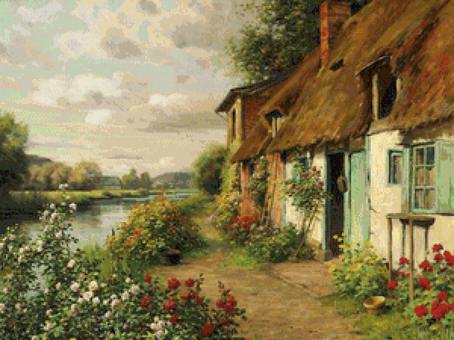 домик у реки - река, уют, живопись, сад, пейзаж, природа, домик - предпросмотр