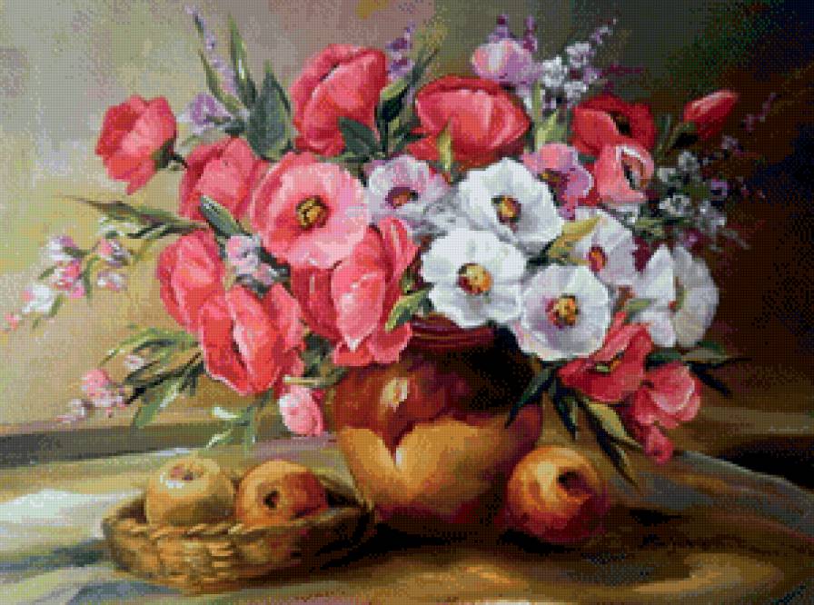 букет маков - натюрморт, живопись, маки, цветы, глина, горшок, букет - предпросмотр