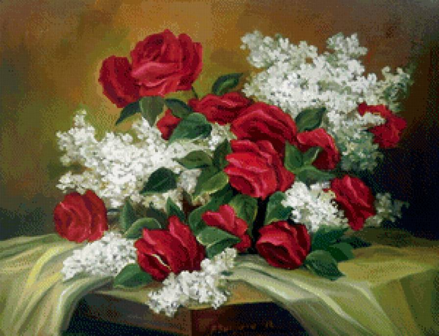 красные розы и белая сирень - весна, букет, натюрморт, живопись, ваза, розы, сирень, нежность - предпросмотр