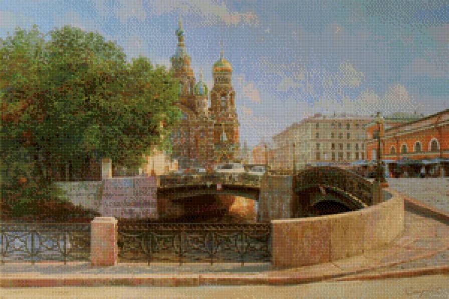 городской пейзаж - пейзаж, живопись, храм, акварель, собор, лето, мост, город - предпросмотр