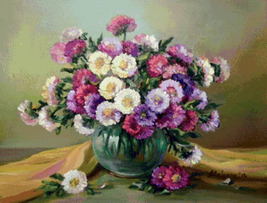 астры в вазе - букет, живопись, натюрморт, астры, цветы, ваза - предпросмотр