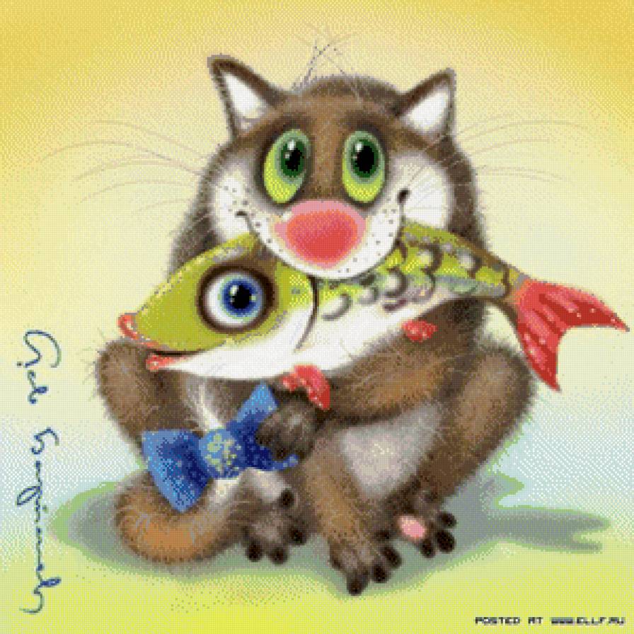 Большой улов - кот, рыба, улов, животные, подушка - предпросмотр