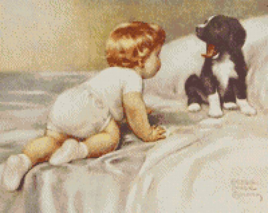 малыши - спать, щенок, животные, ребенок, люди - предпросмотр