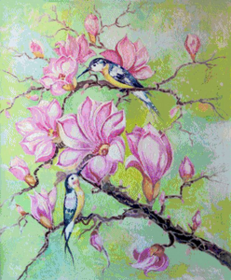 колибри на ветке магнолии - панно, ветка, восток, колибри, магнолия, цветы, птицы - предпросмотр
