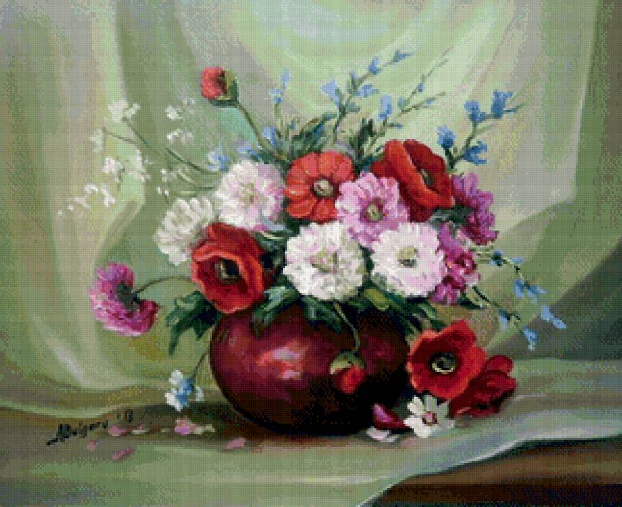 полевые цветы в ваз - живопись, букет, васильки, цветы, маки, натюрморт, ваза - предпросмотр