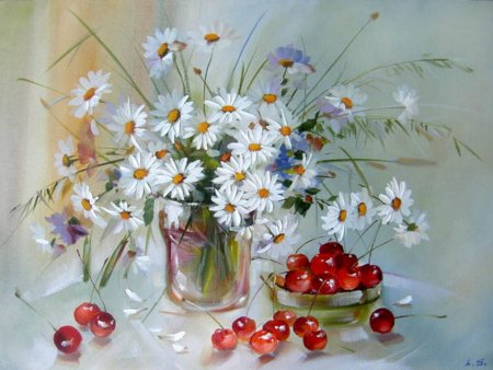 ромашки, вишни - букет, ромашки - оригинал