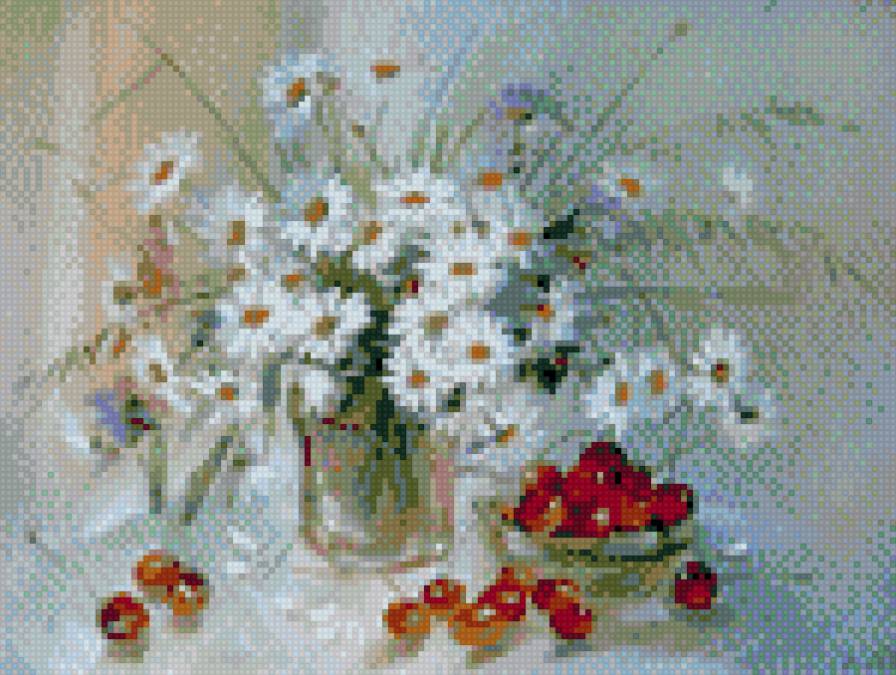 ромашки, вишни - ромашки, букет - предпросмотр