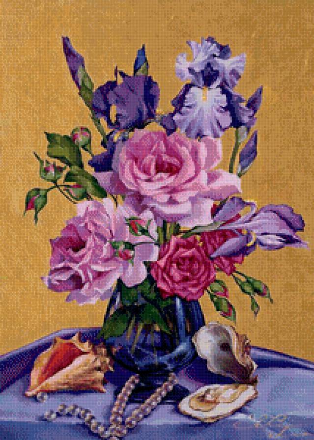 букет цветов с ракушками и жемчугом - натюрморт, ирисы, жемчуг, букет, цветы, ваза, розы, ракушки - предпросмотр