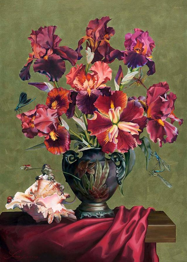 ирисы и ракушка - ракушка, цветы, ирисы, ваза, акварель, букет, живопись - оригинал