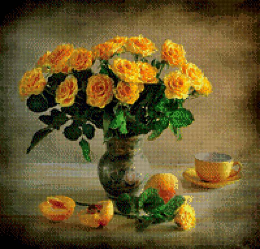 розы - натюрморд, цветы, персики, розы - предпросмотр