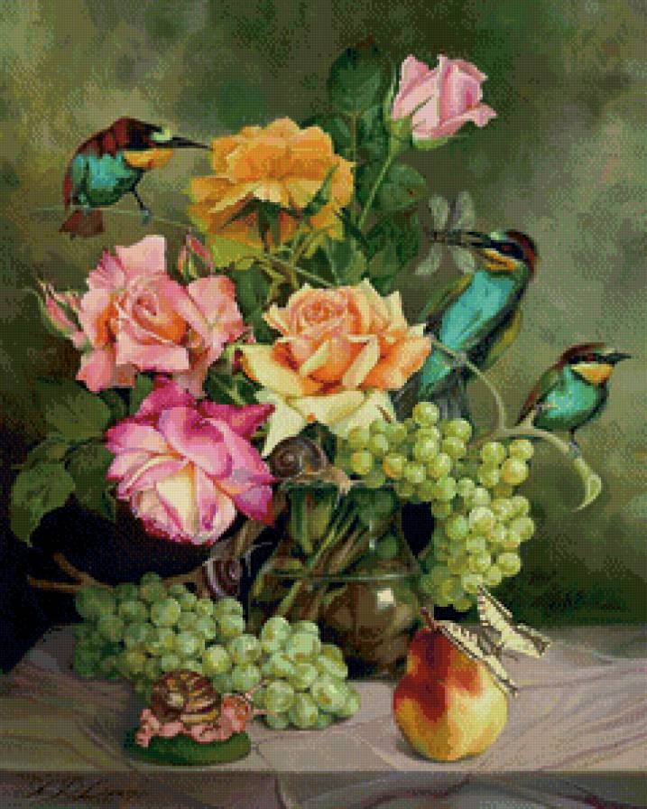 натюрморт с розами, птицами и виноградом - розы, букет, цветы, натюрморт, виноград, бабочки, живопись, ваза - предпросмотр