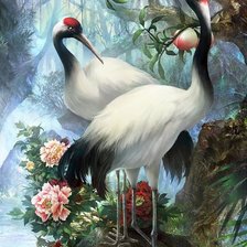 Схема вышивки «Журавли в цветах»