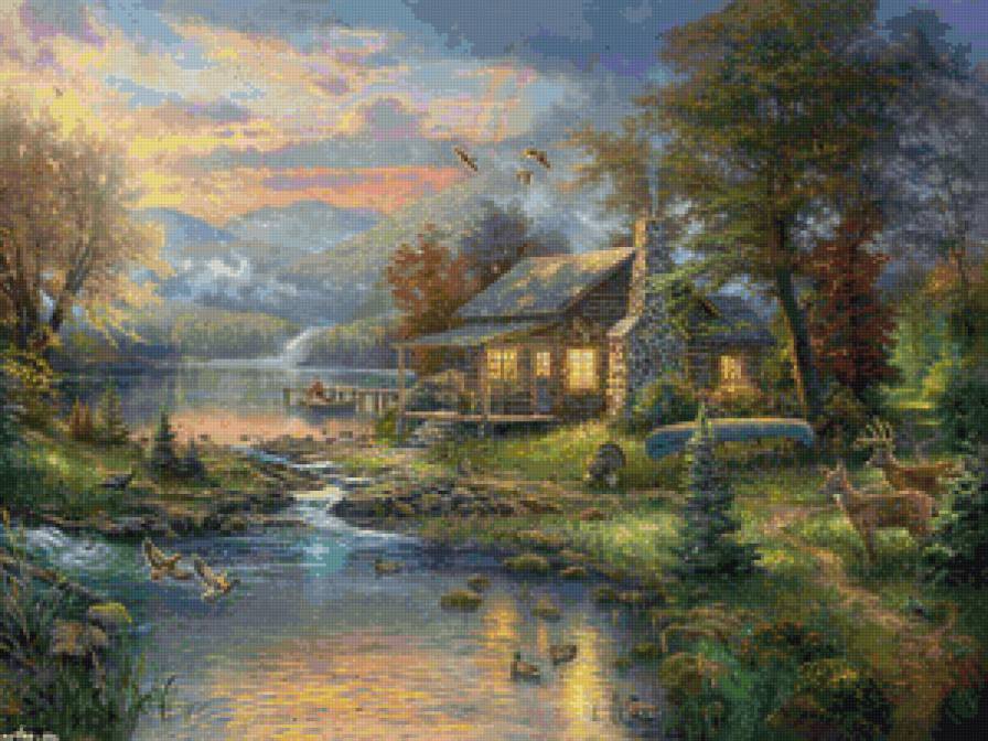 Домик у речки - природа, лес, олени - предпросмотр