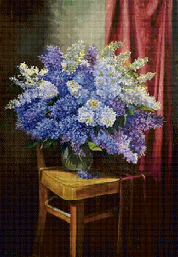 сирень на стуле - нежность, сирень, натюрморт, букет, весна, стул, ваза, живопись - предпросмотр