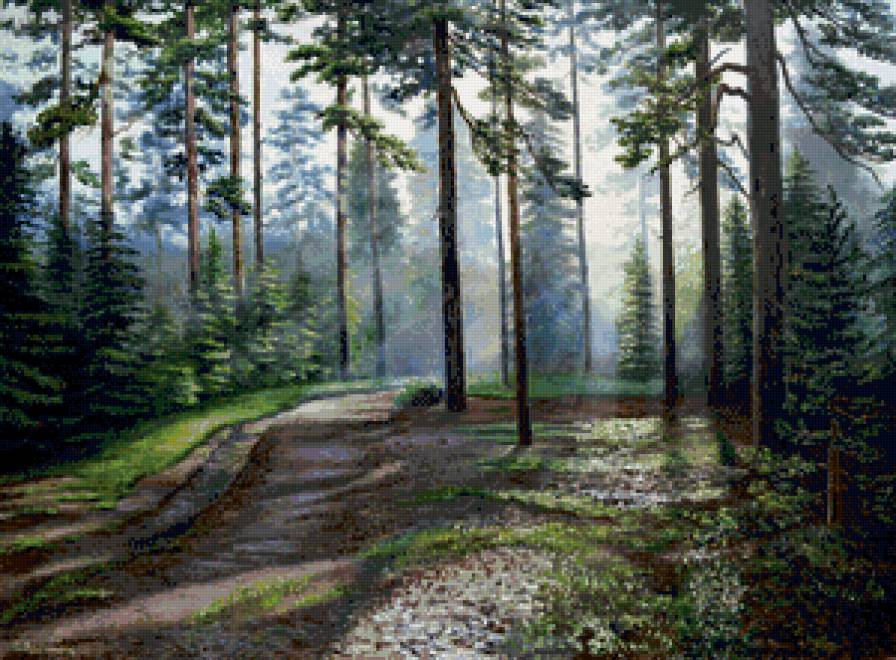 в тенистом лесу - лес, акварель, поляна, лето, живопись, природа, деревья, лучи - предпросмотр