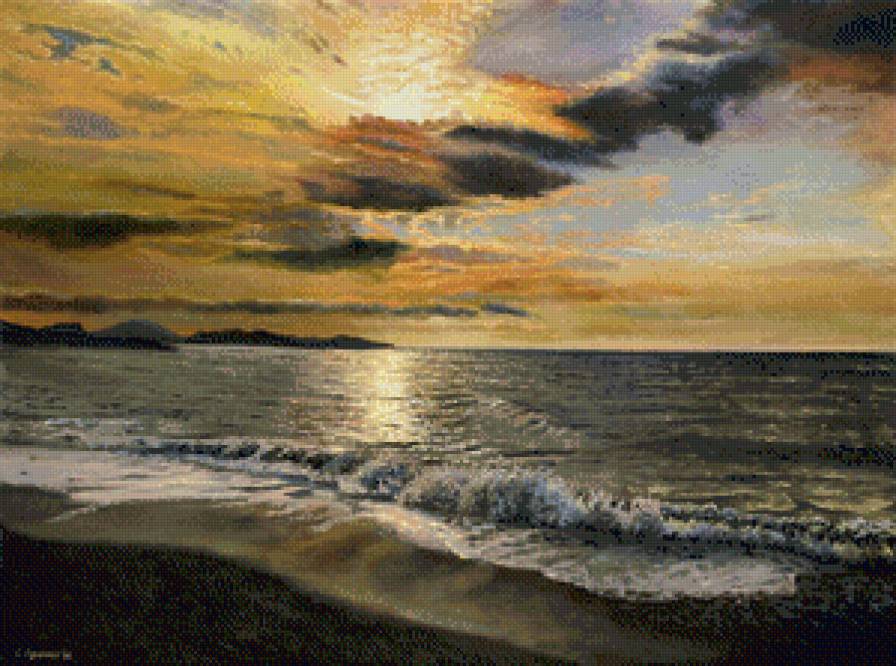 закат на море - волны, небо, прибой, море, облака, живопись, закат - предпросмотр