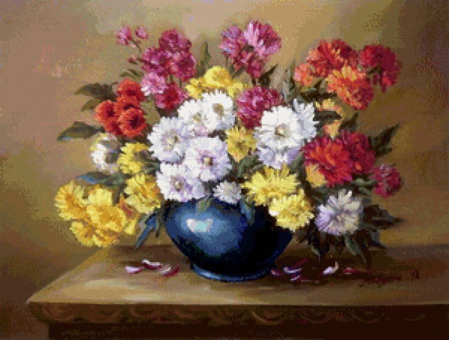 букет цветов в вазе - акварель, ваза, цветы, хризантемы, букет, живопись - предпросмотр