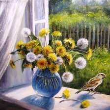 Схема вышивки «букет одуванчиков на окне»