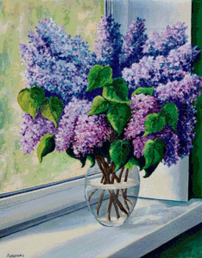 сирень на подоконнике - нежность, букет, живопись, ваза, натюрморт, весна, окно, сирень - предпросмотр