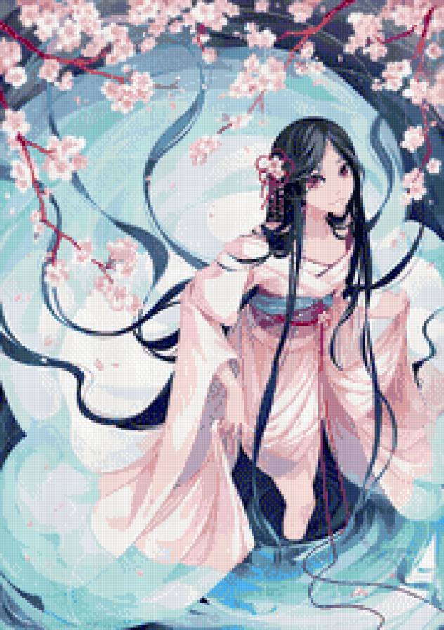 №838142 - вода, девушка, кимоно, сакура - предпросмотр